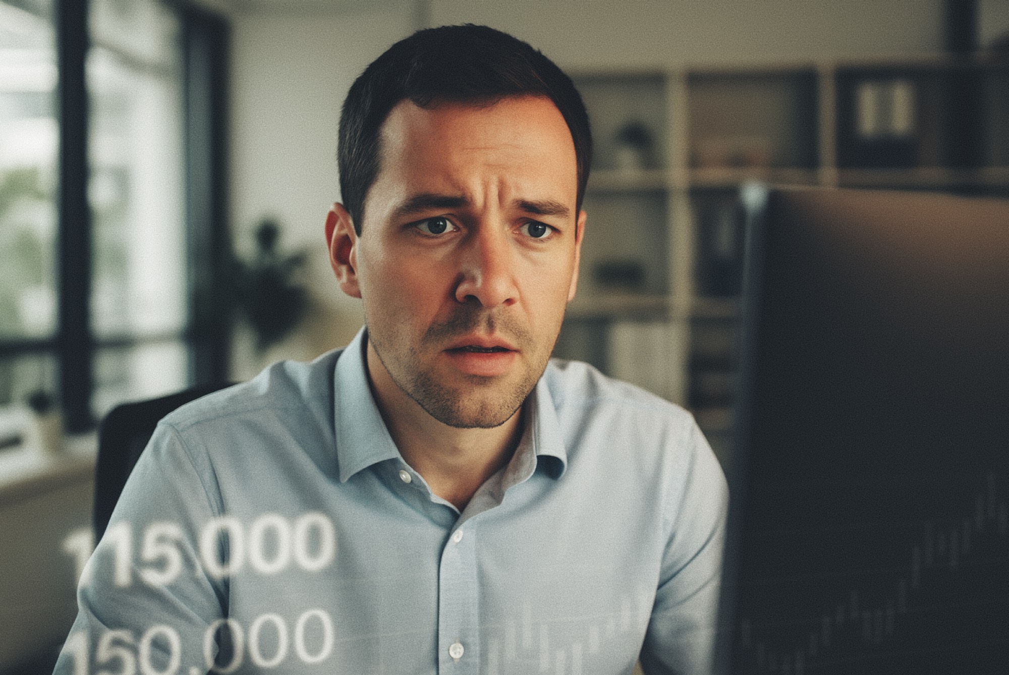 Eine Person blickt während eines Videocalls konzentriert und leicht verwirrt auf einen Bildschirm