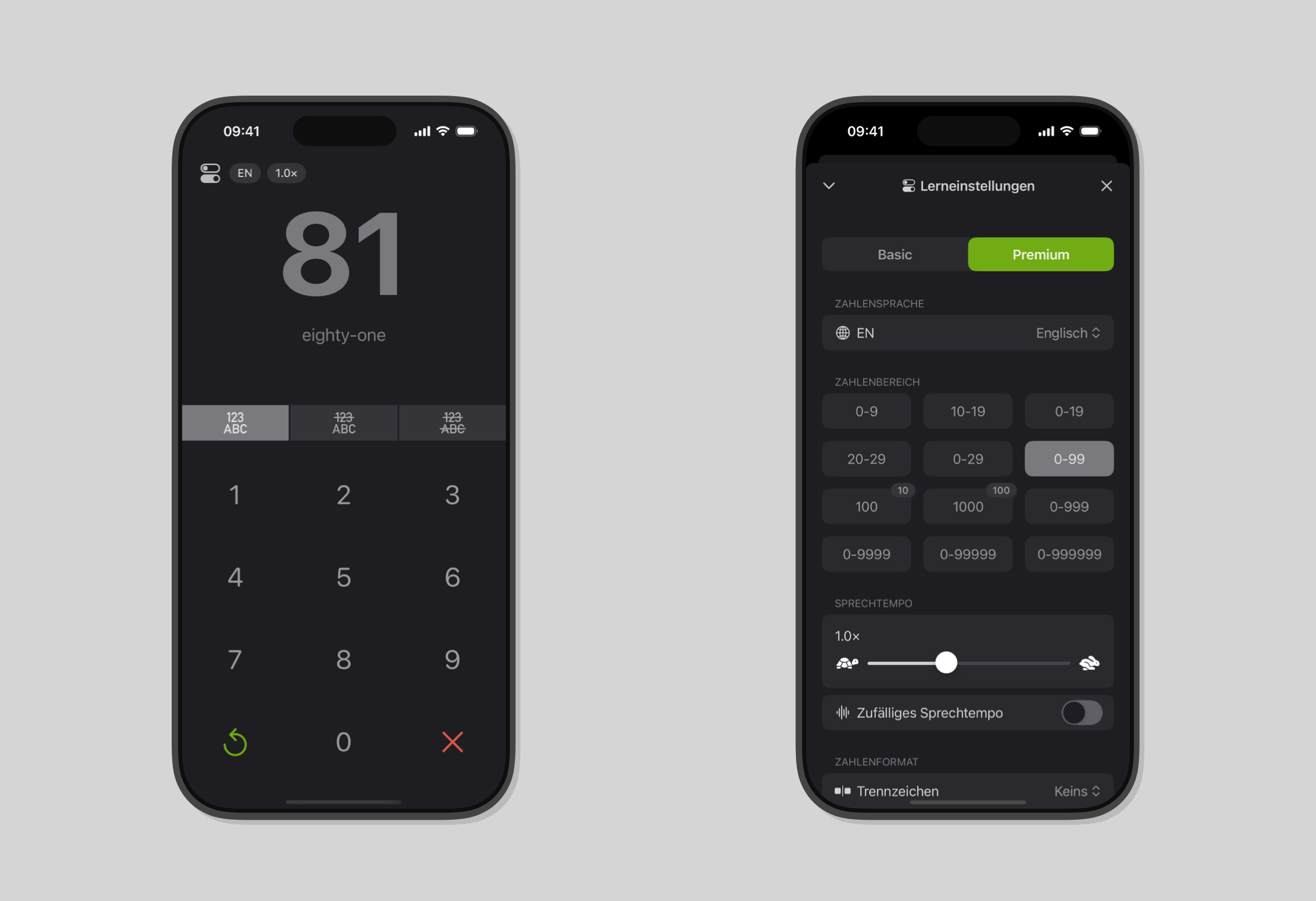 Screenshot der Zahlenlern App Numfred