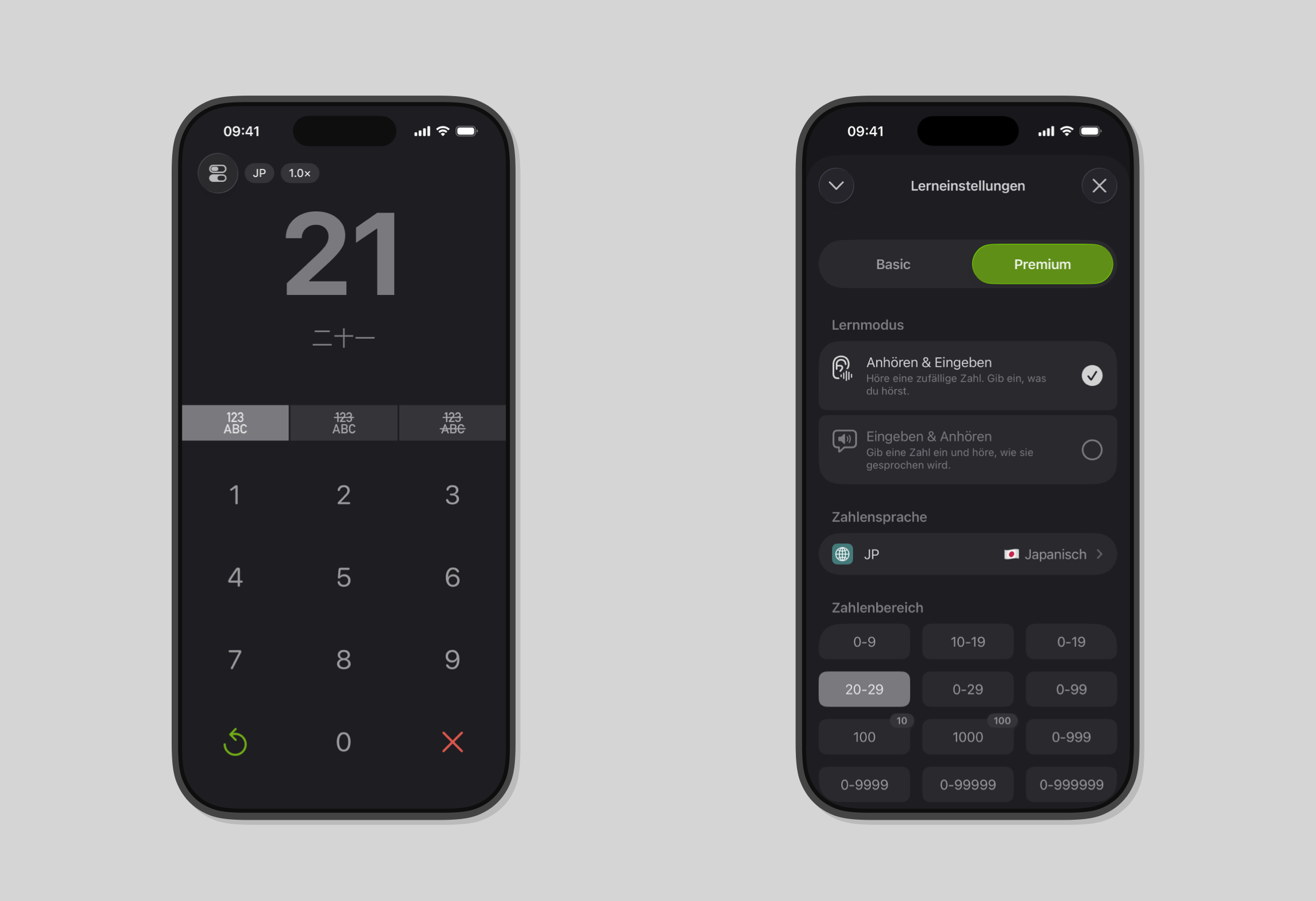 Screenshot der Zahlenlern-App Numfred mit japanischen Zahlen