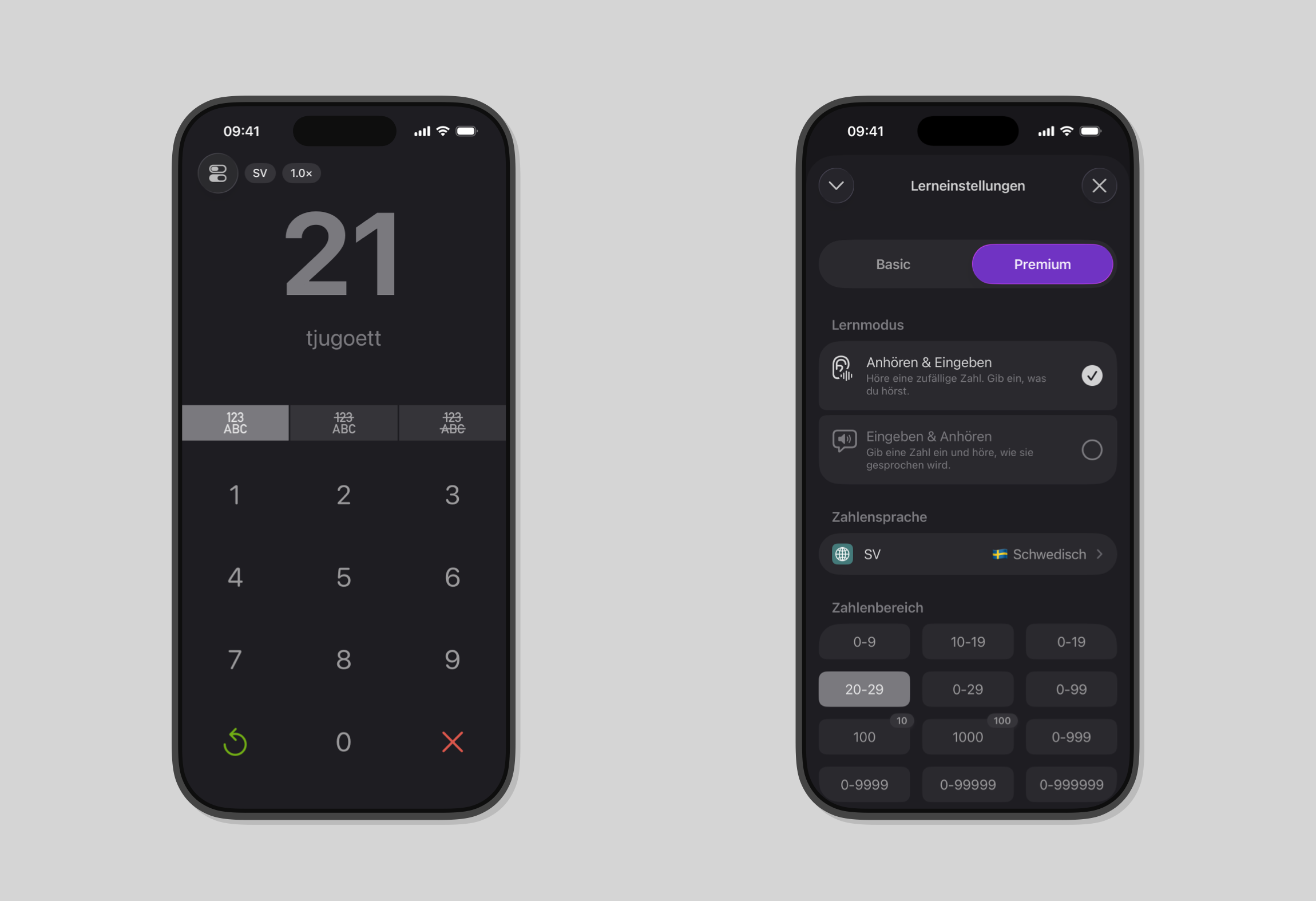 Screenshot der Zahlenlern-App Numfred mit schwedischen Zahlen