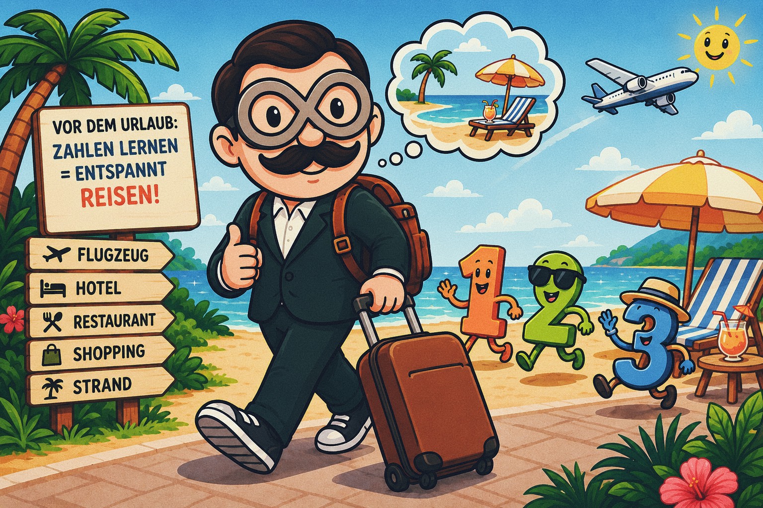 Illustration eines Reisenden mit Reisevokabeln und den Zahlen 1, 2 und 3 vor dem Urlaub