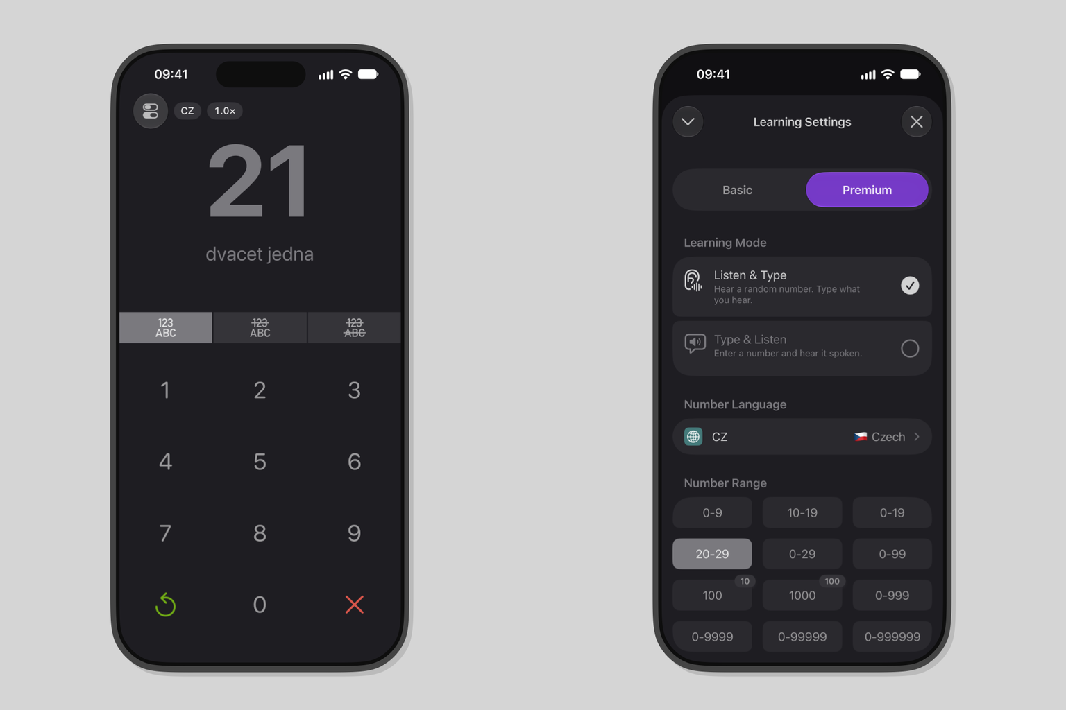 Numfred app screenshots showing Czech numbers and learning settings