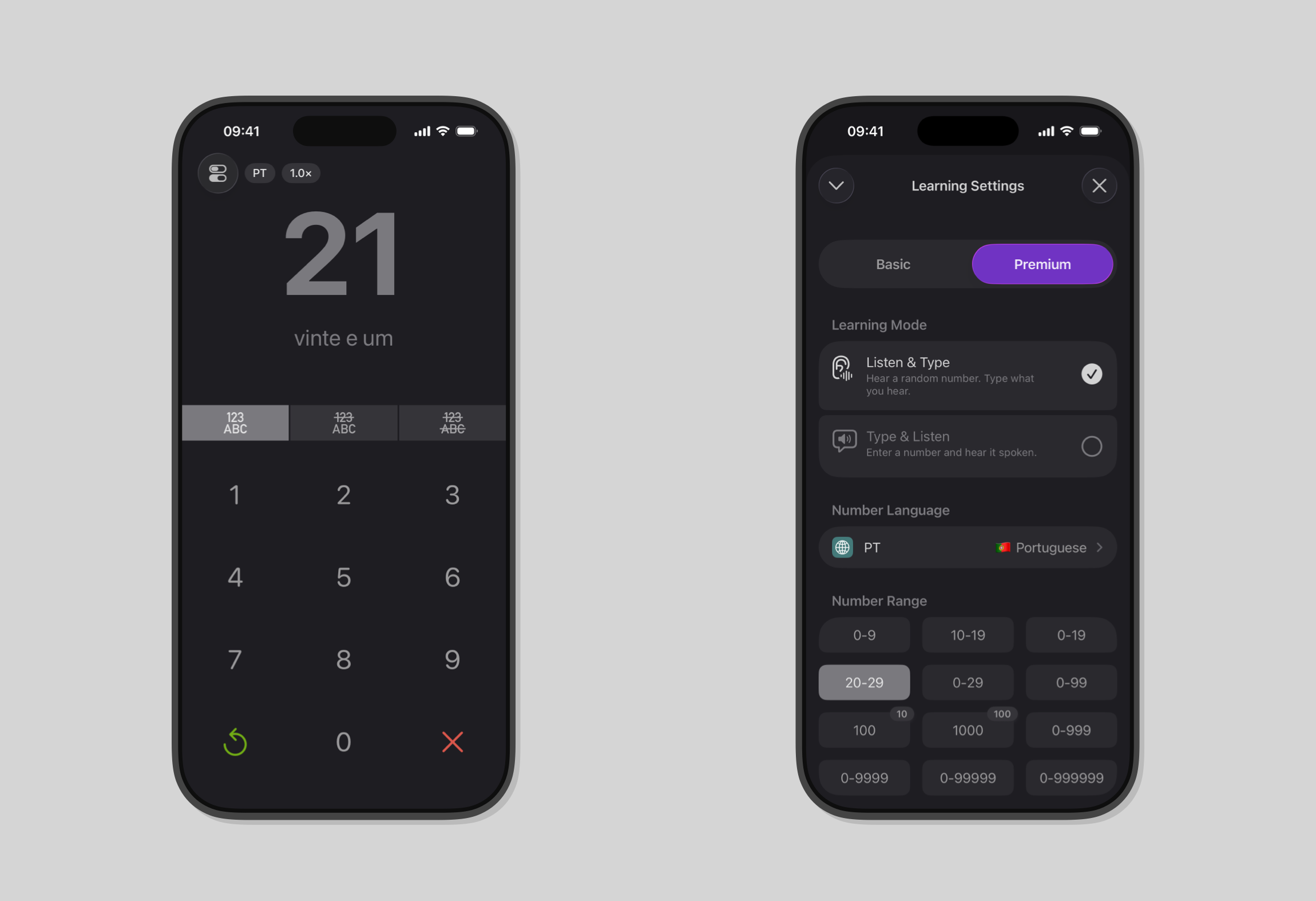 Screenshot of the Numfred number learning app with Portuguese numbers