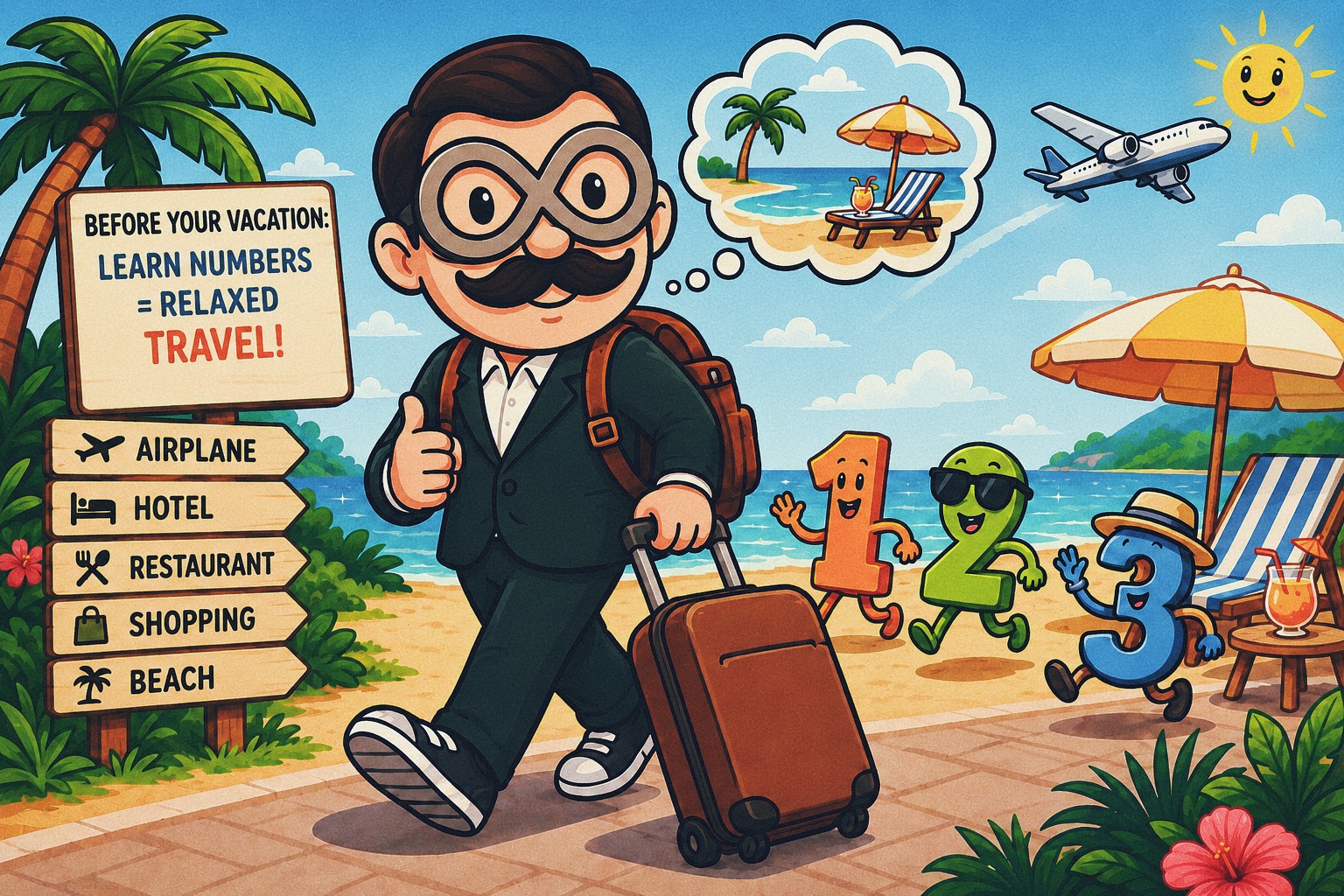 Illustration of a traveler studying travel vocabulary and the numbers 1, 2, and 3 before a trip